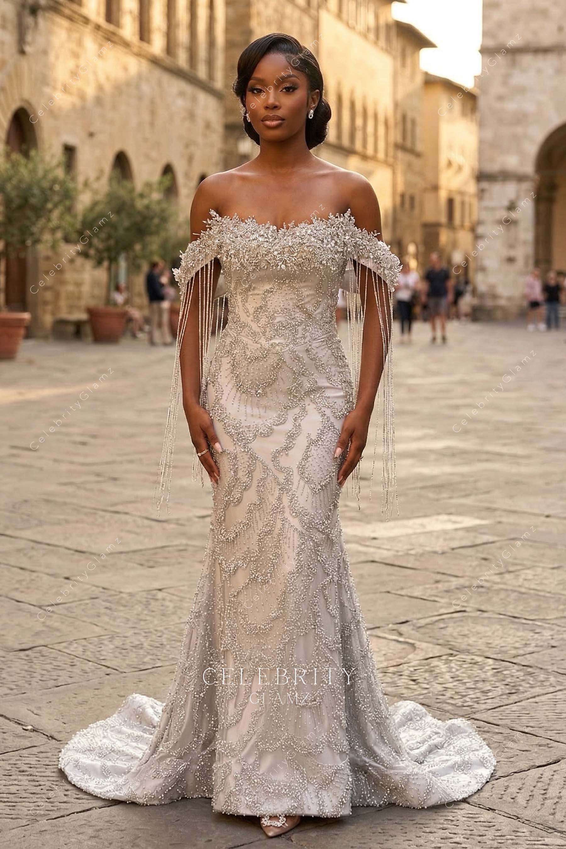 silver sequin off shoulder mermaid prom dress