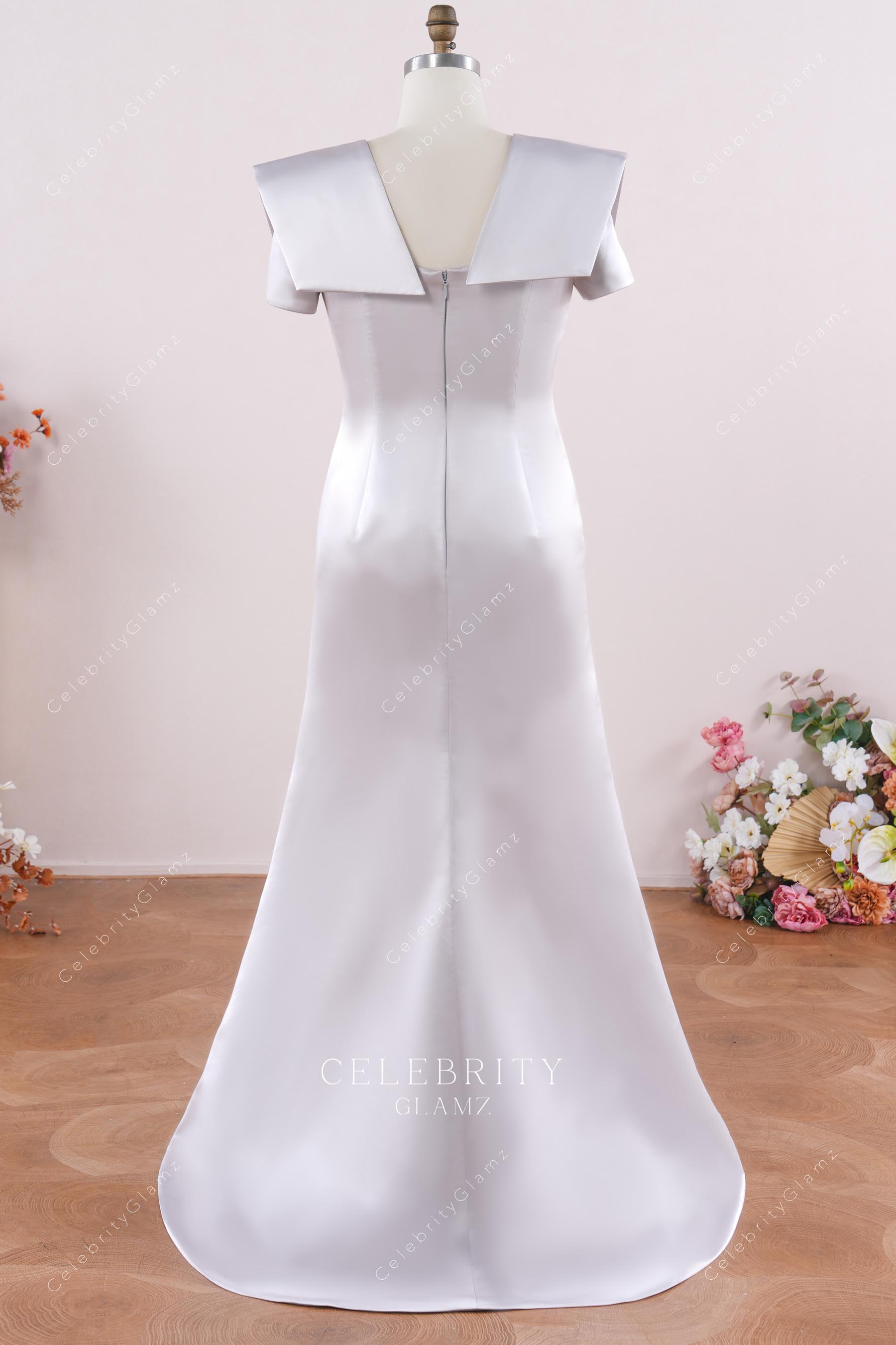 silver silky sweep train evening dress