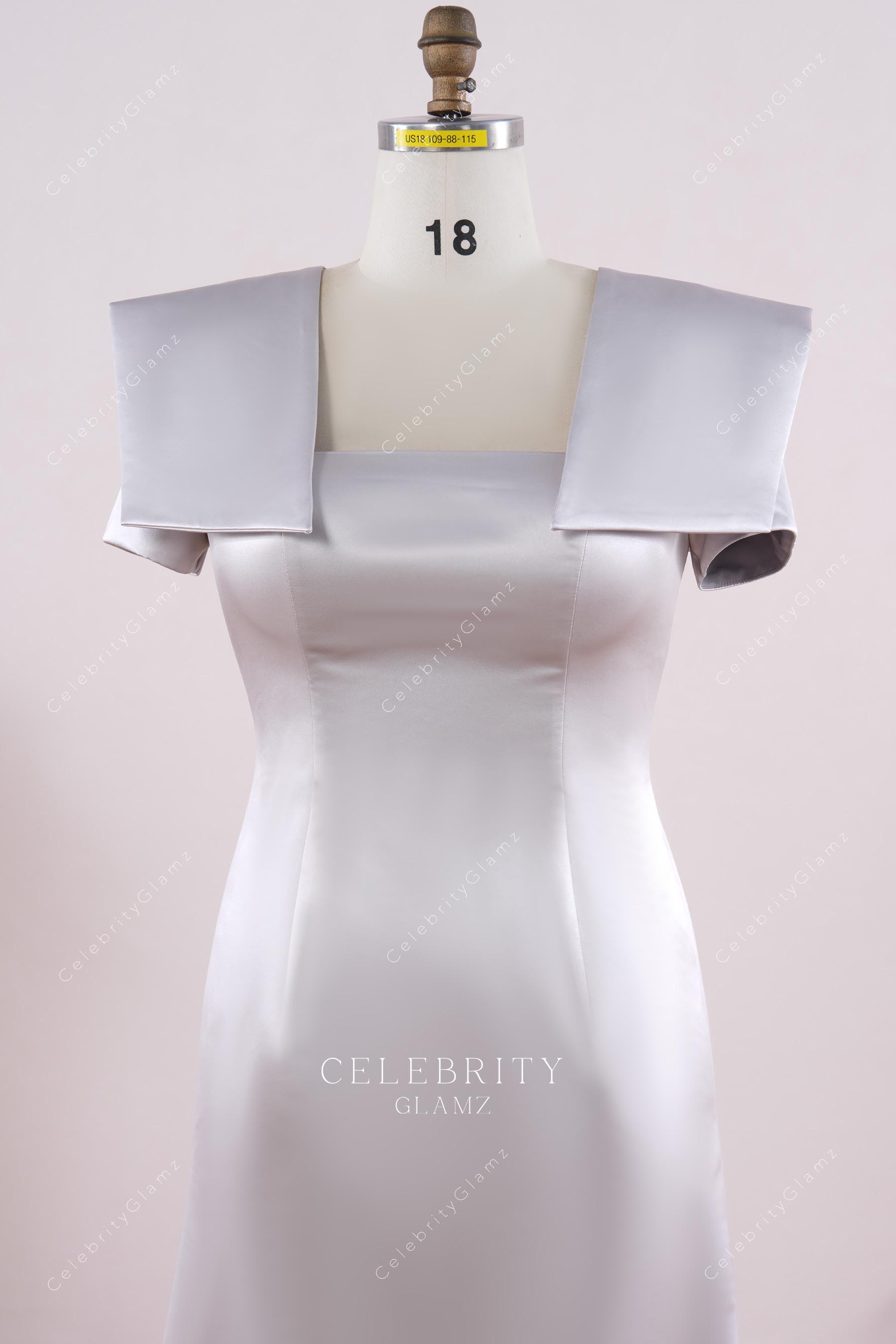 silver square neck evening dress