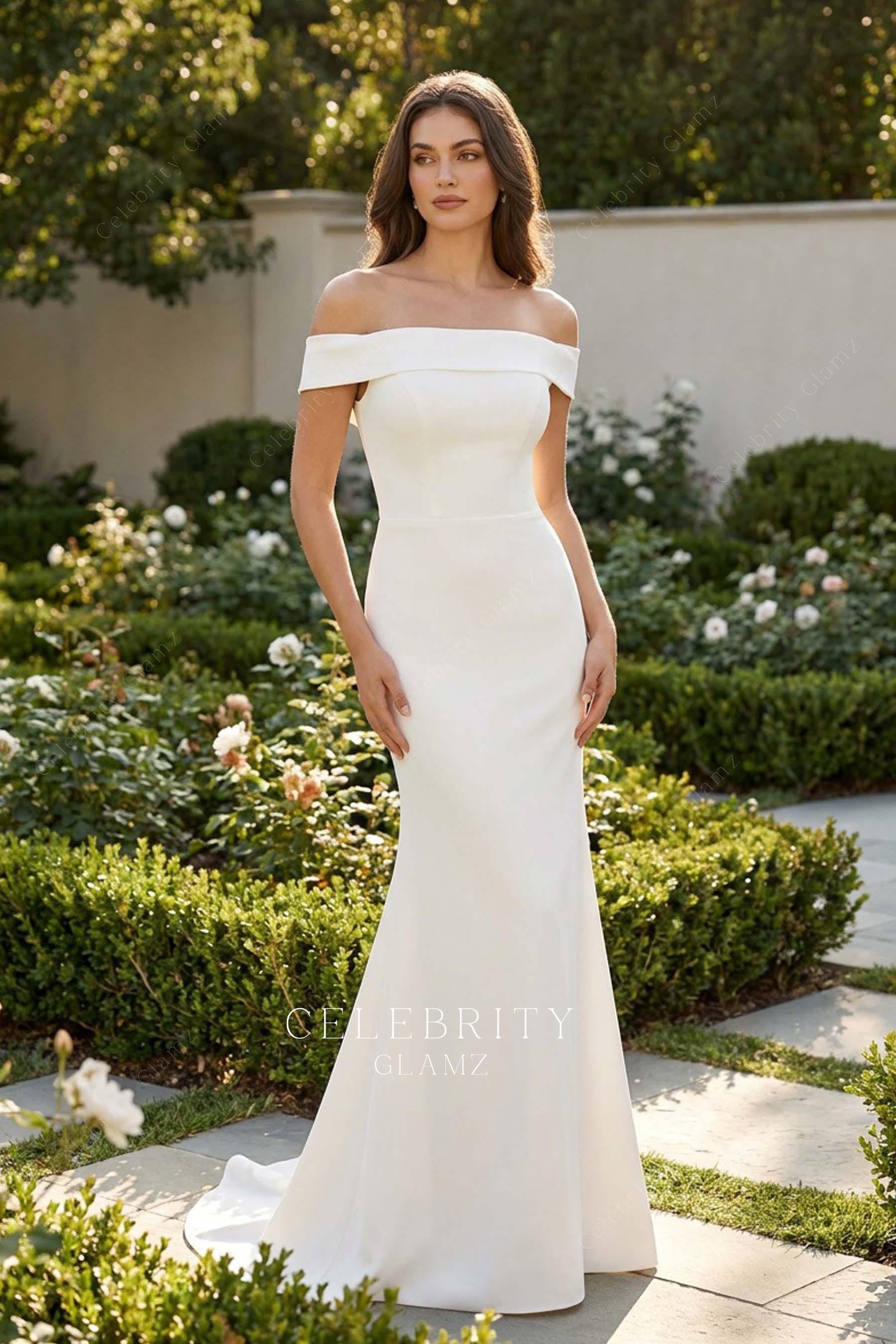 simple off shoulder sweep train wedding dress