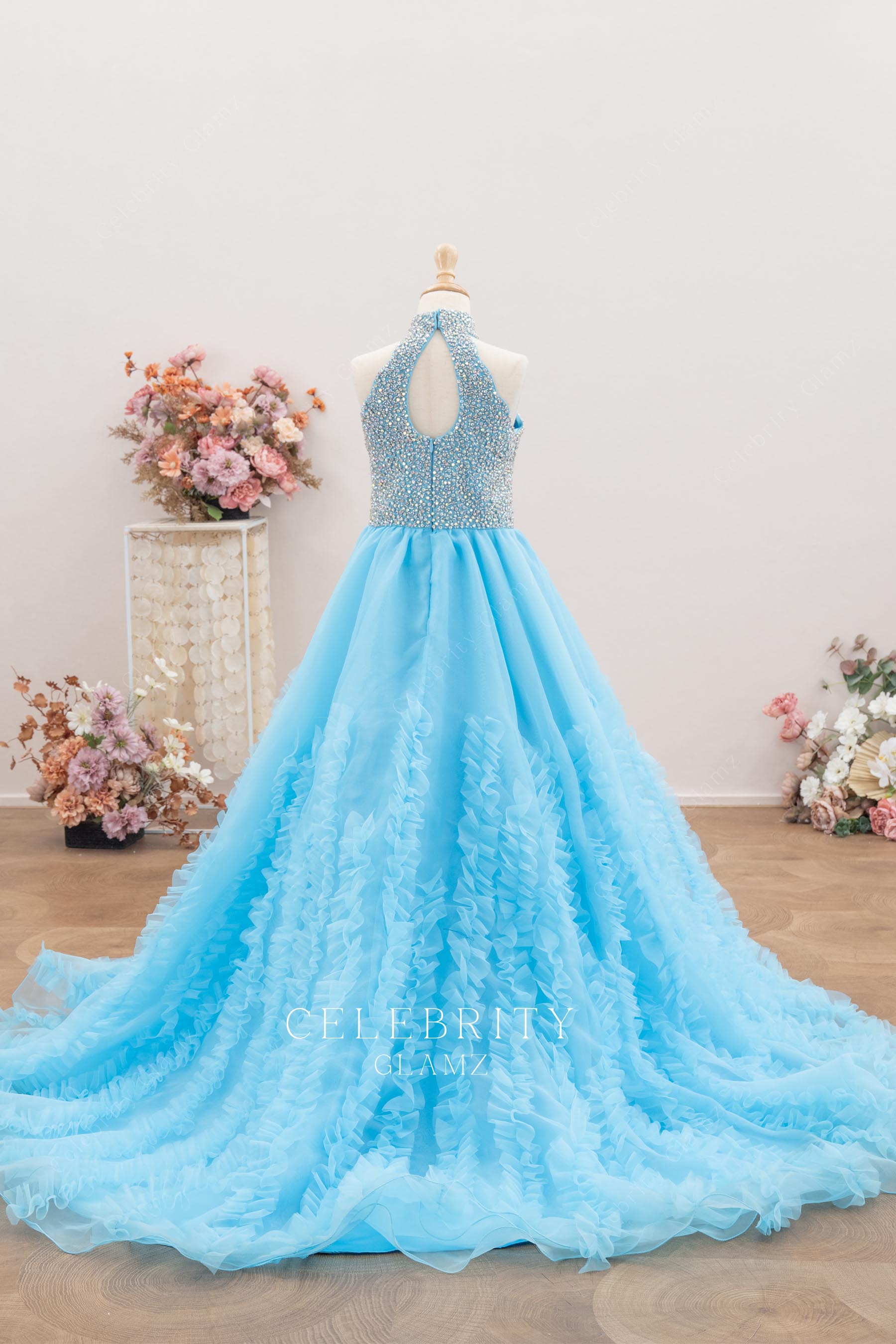 sky blue a line chapel train kids pageant dress