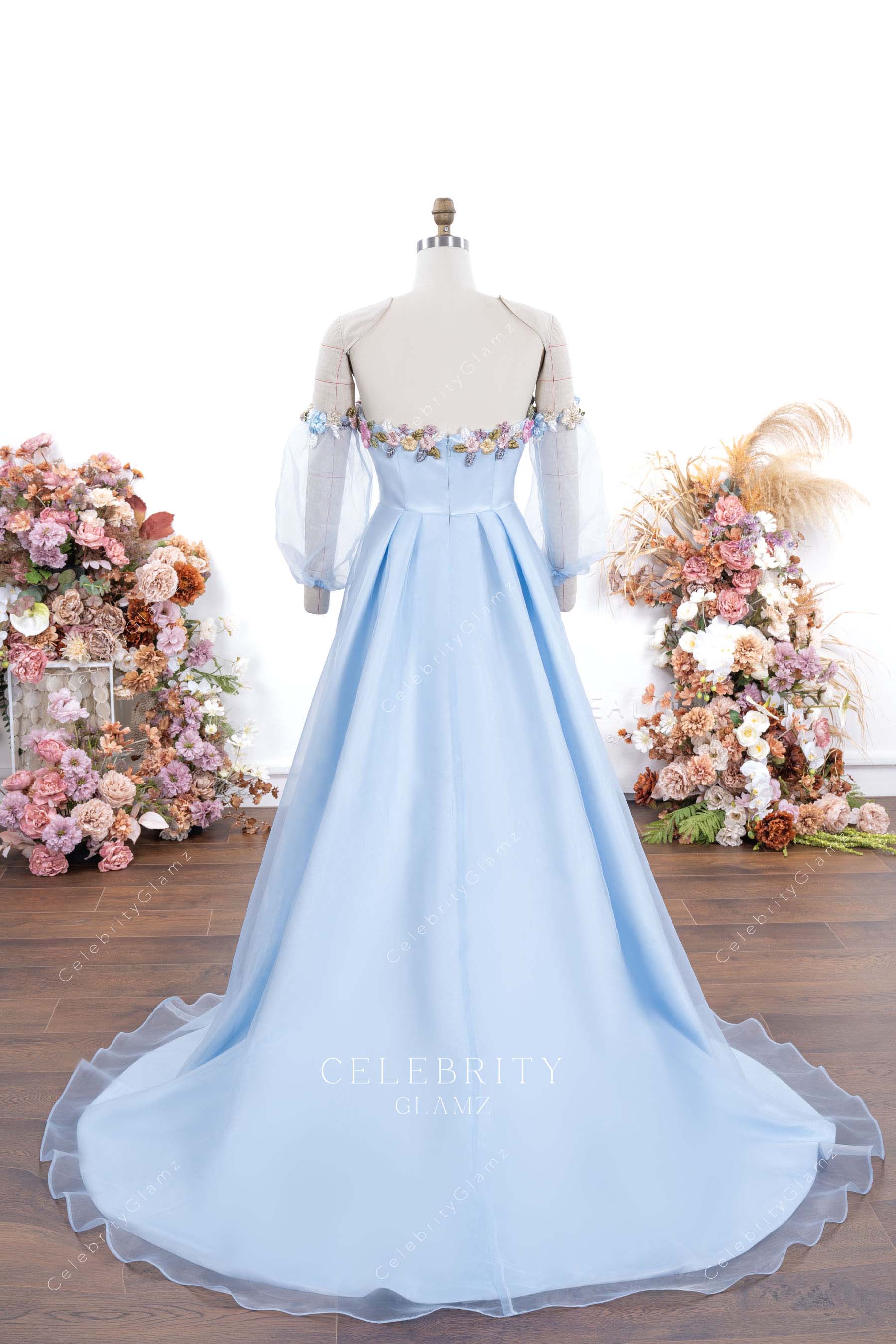sky blue a line court train formal gown