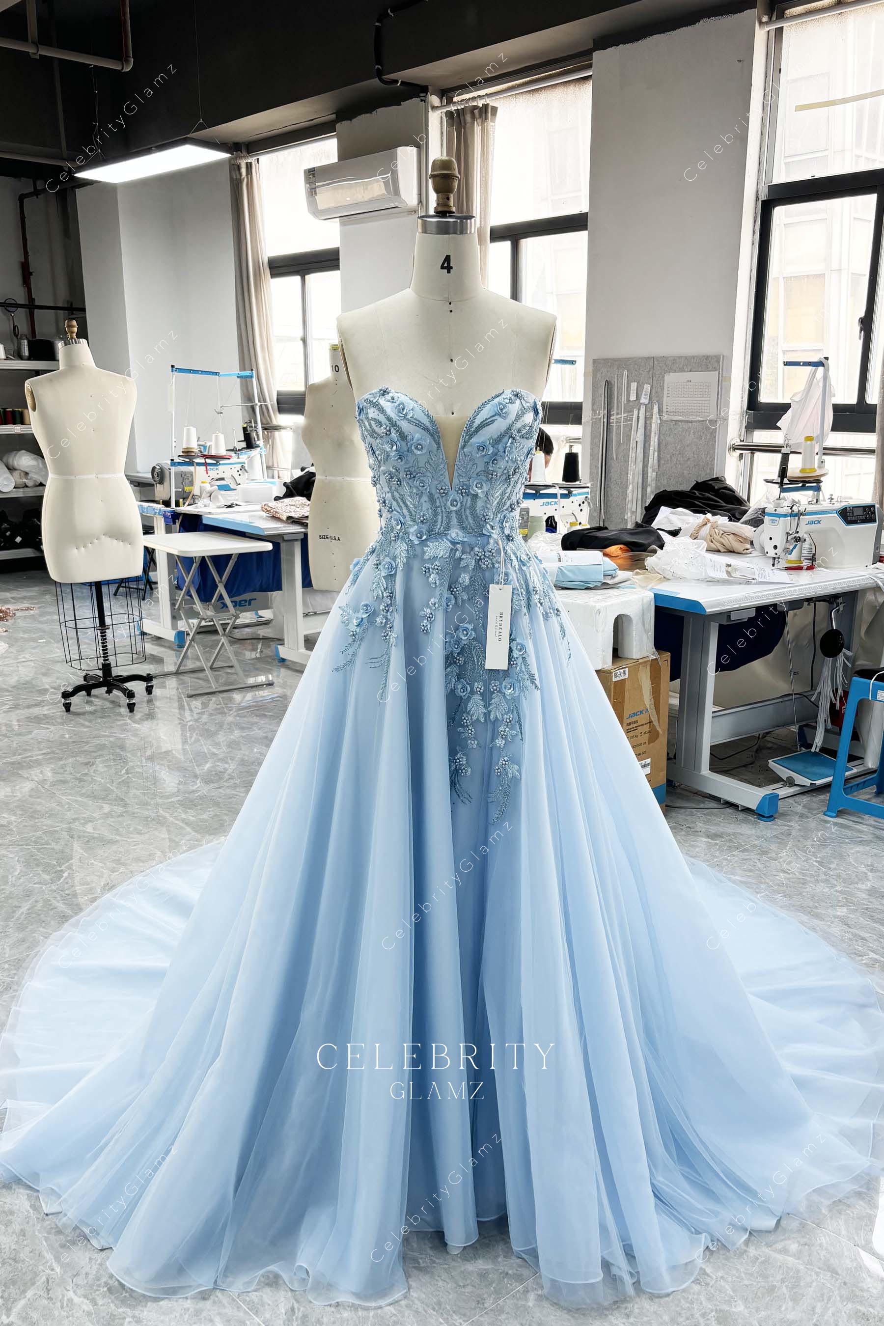 sky blue a line prom dress