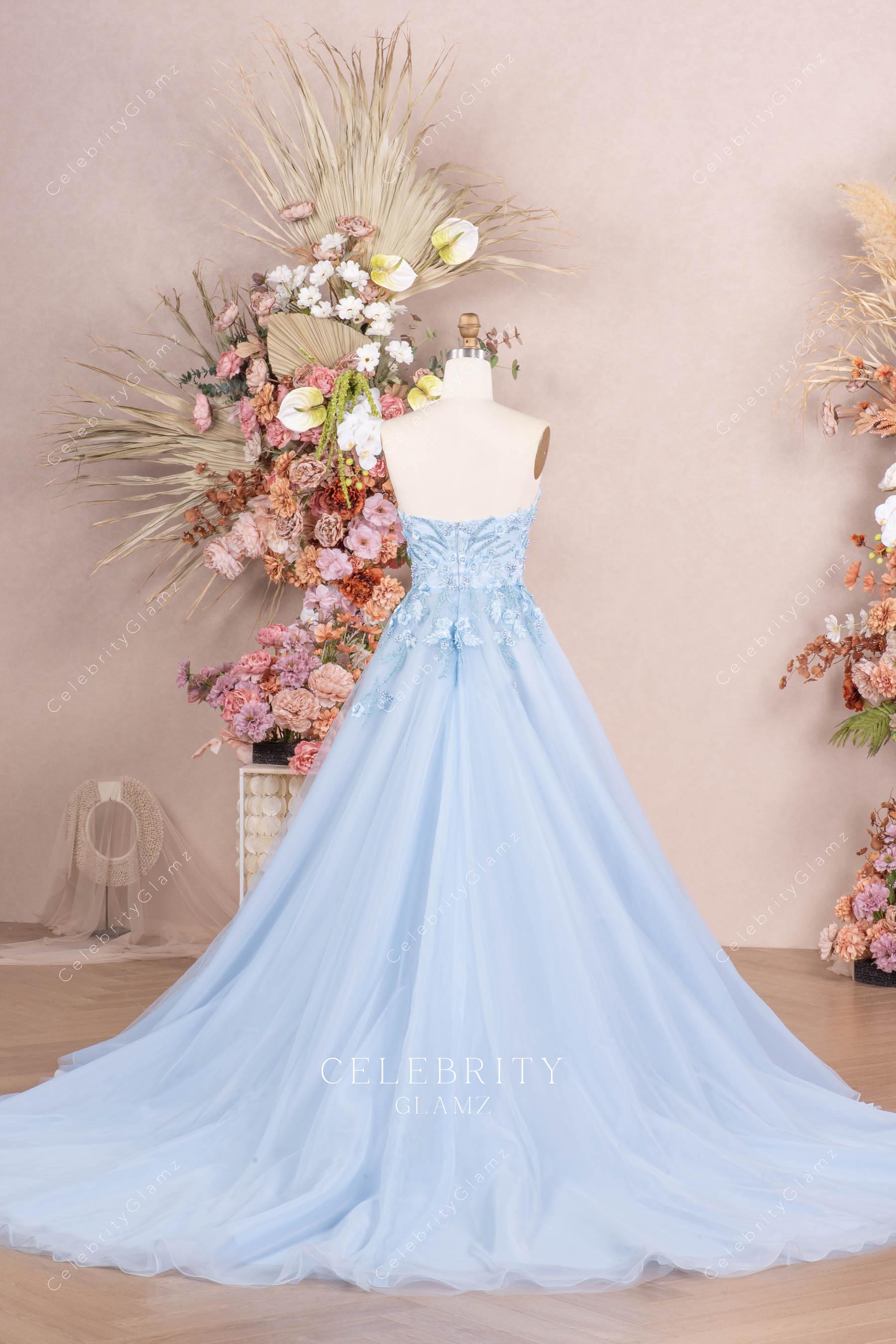 sky blue chapel train prom dress