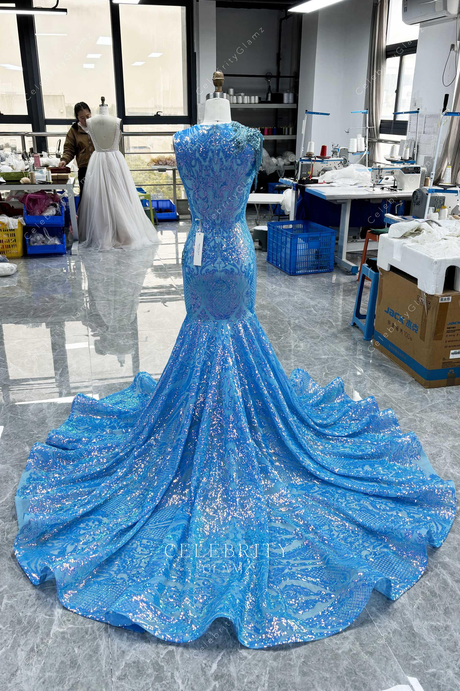 sky blue chapel train prom dress