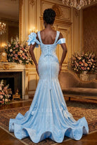 sky blue drop sleeve prom dress