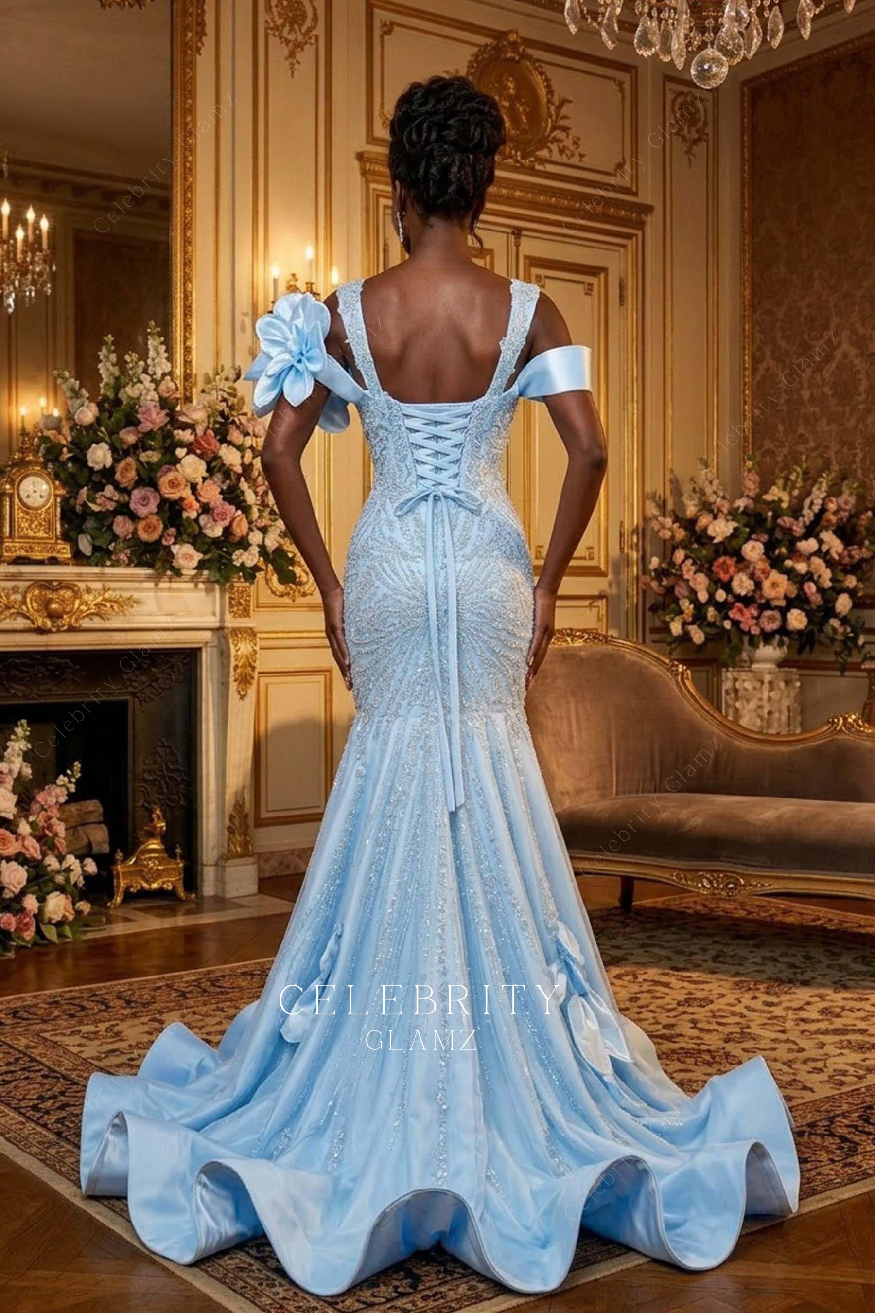 sky blue drop sleeve prom dress