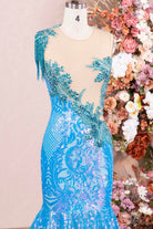 sky blue glitter illusion neck formal dress