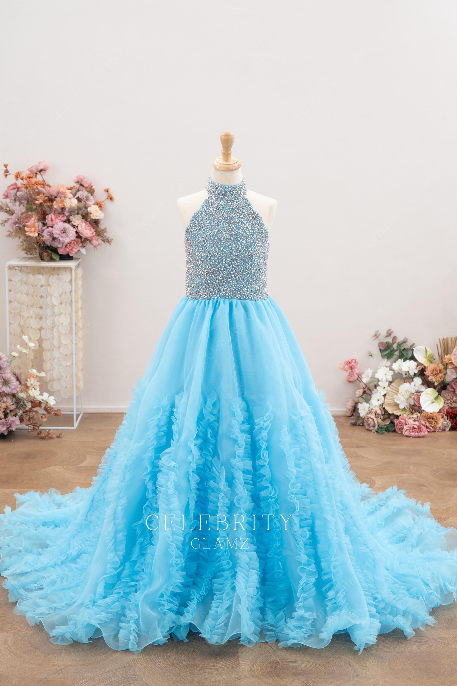 sky blue halter kids pageant dress