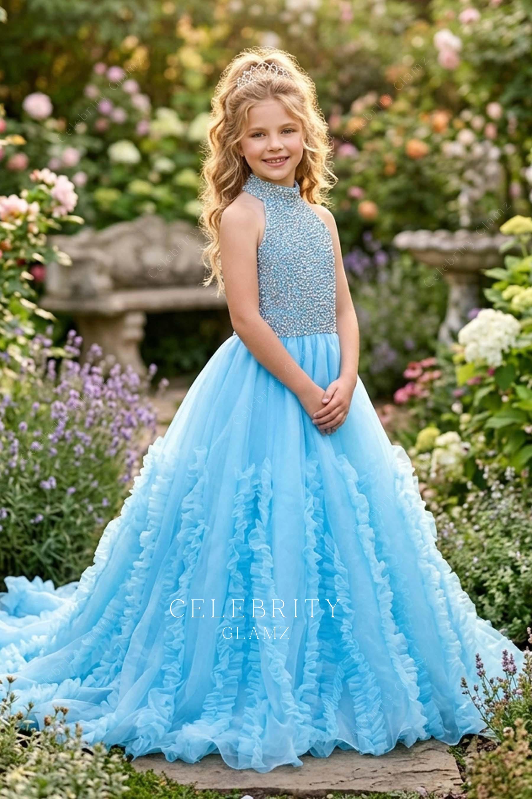 sky blue high neck kids pageant dress
