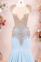 sky blue illusion boat neck trumpet prom dress