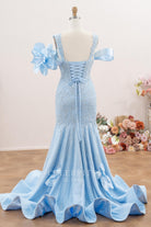 sky blue mermaid court train prom dress