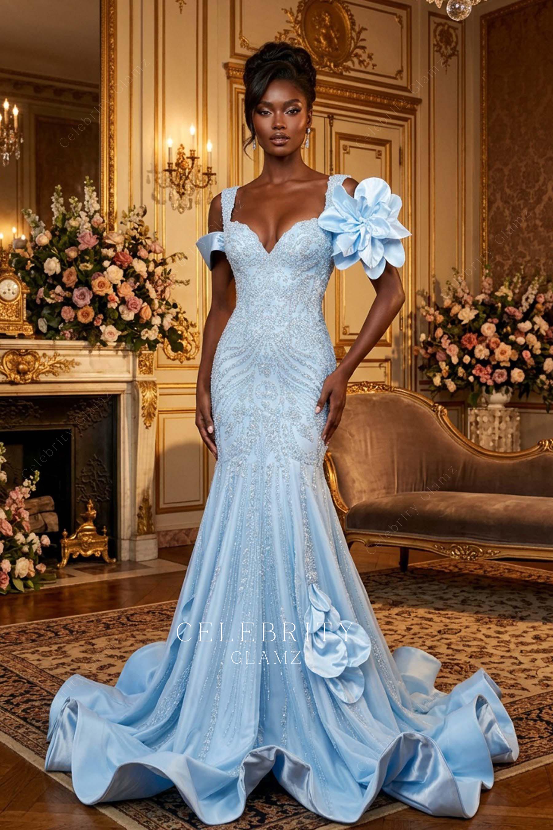 sky blue rhinestones trumpet prom dress