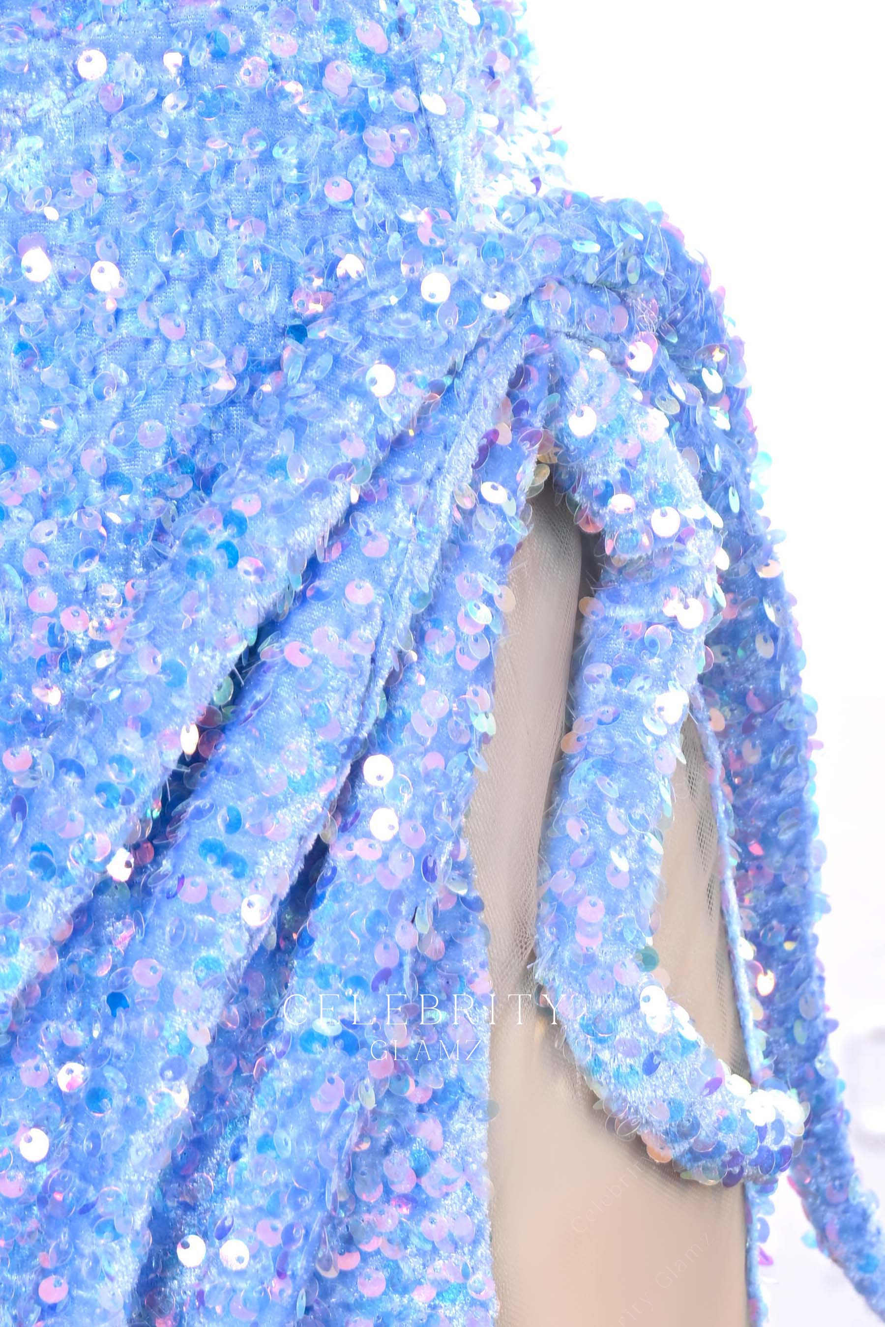 sky blue ruched slit prom dress