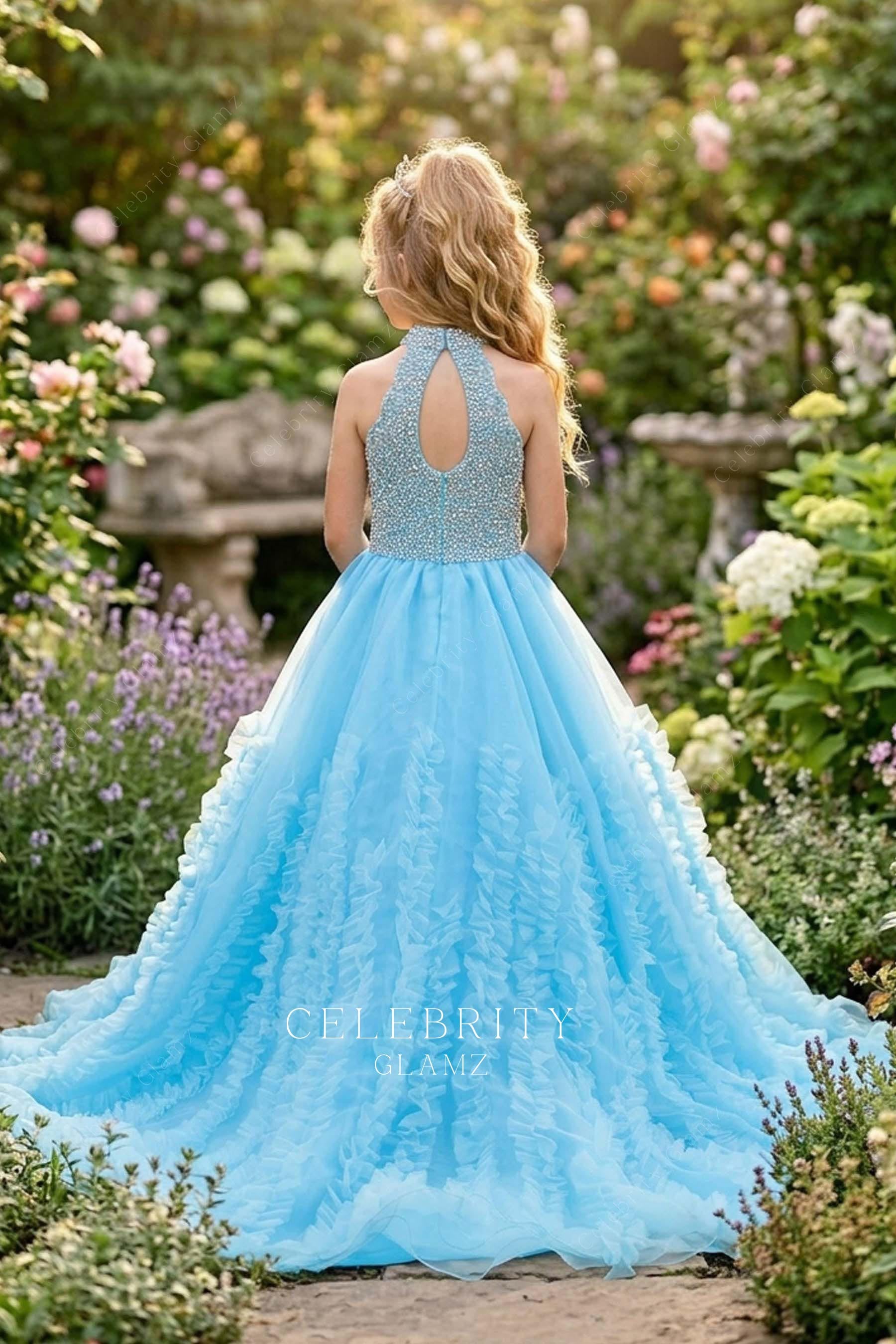 sky blue ruffles a line kids pageant dress