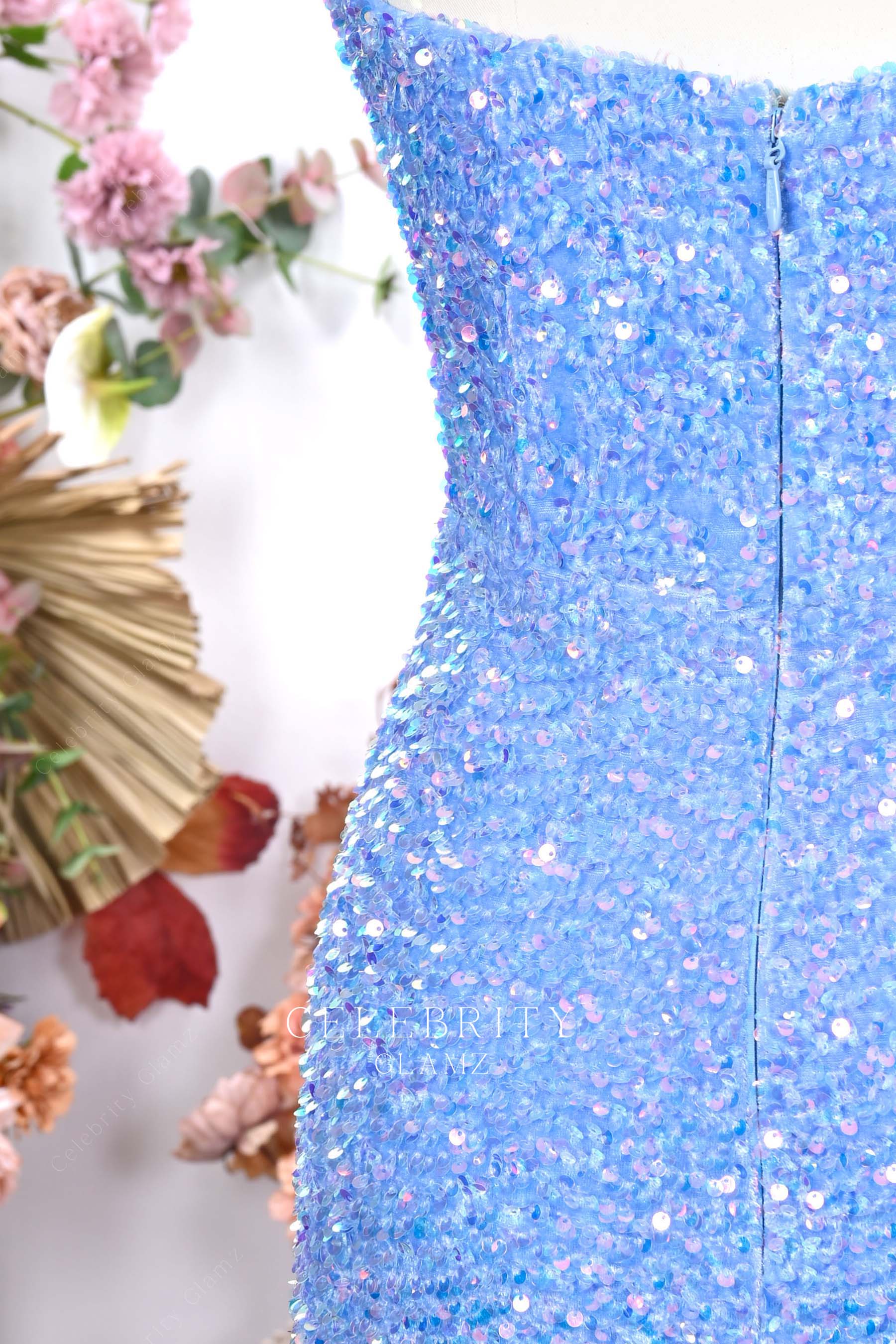 sky blue sequin fitted prom dress