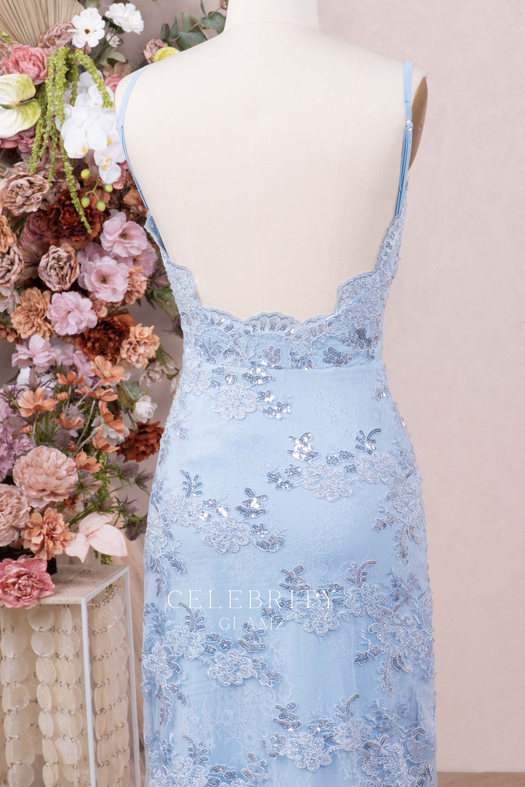 sky blue sequin lace open back prom dress