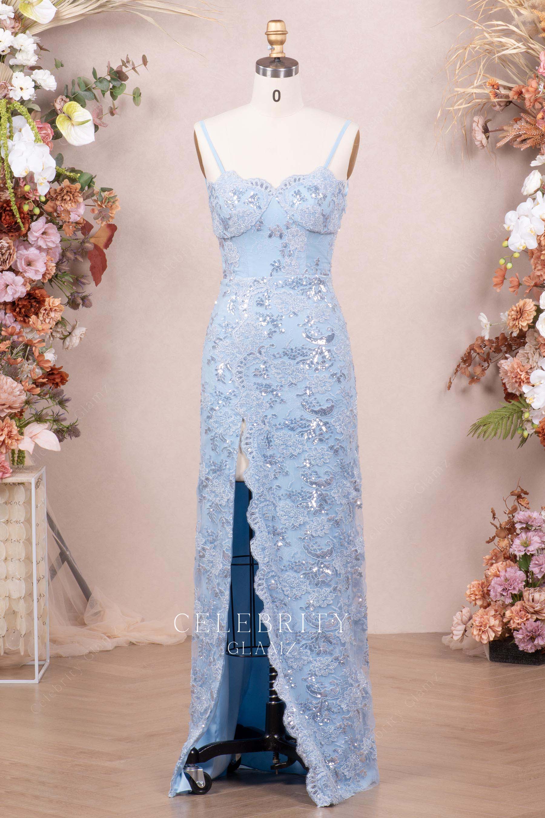 sky blue sequin lace prom dress
