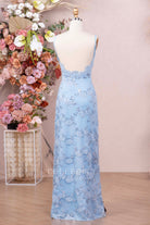 sky blue sequin lace sheath prom dress