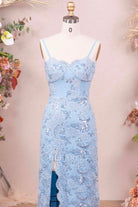 sky blue sequin lace sweetheart neck prom dress