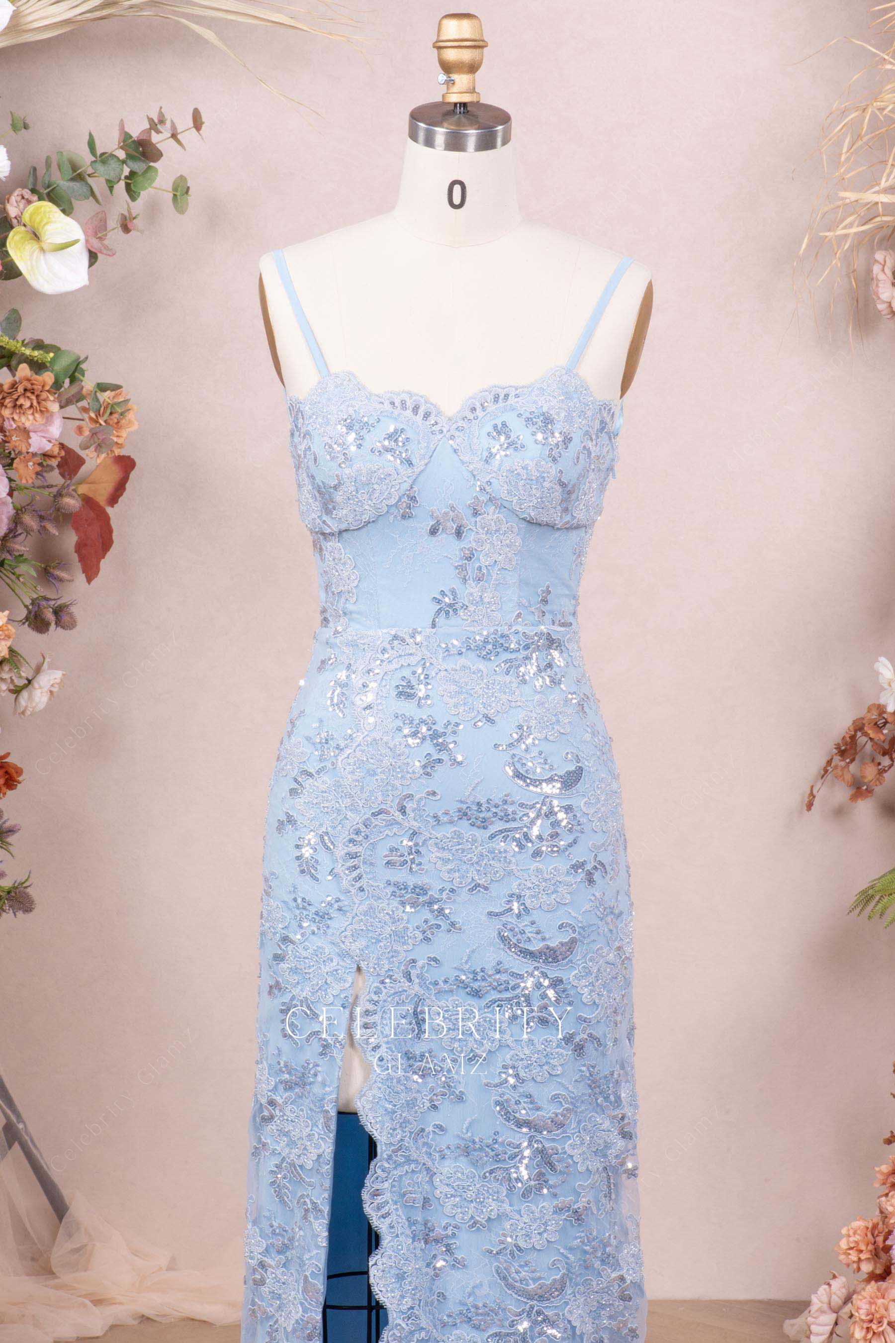 sky blue sequin lace sweetheart neck prom dress