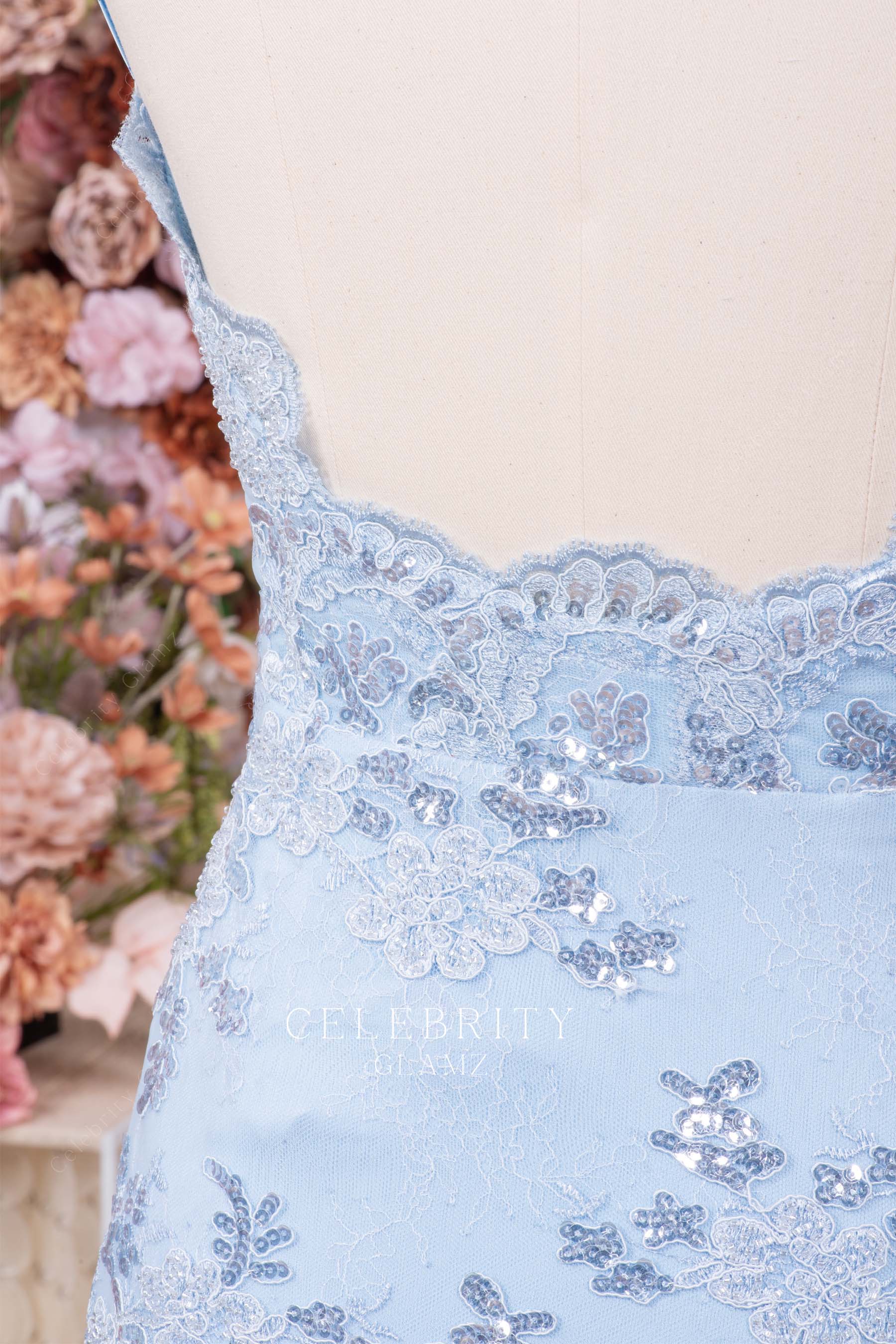 sky blue sequin scalloped lace prom dress