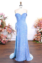sky blue sequin strapless prom dress