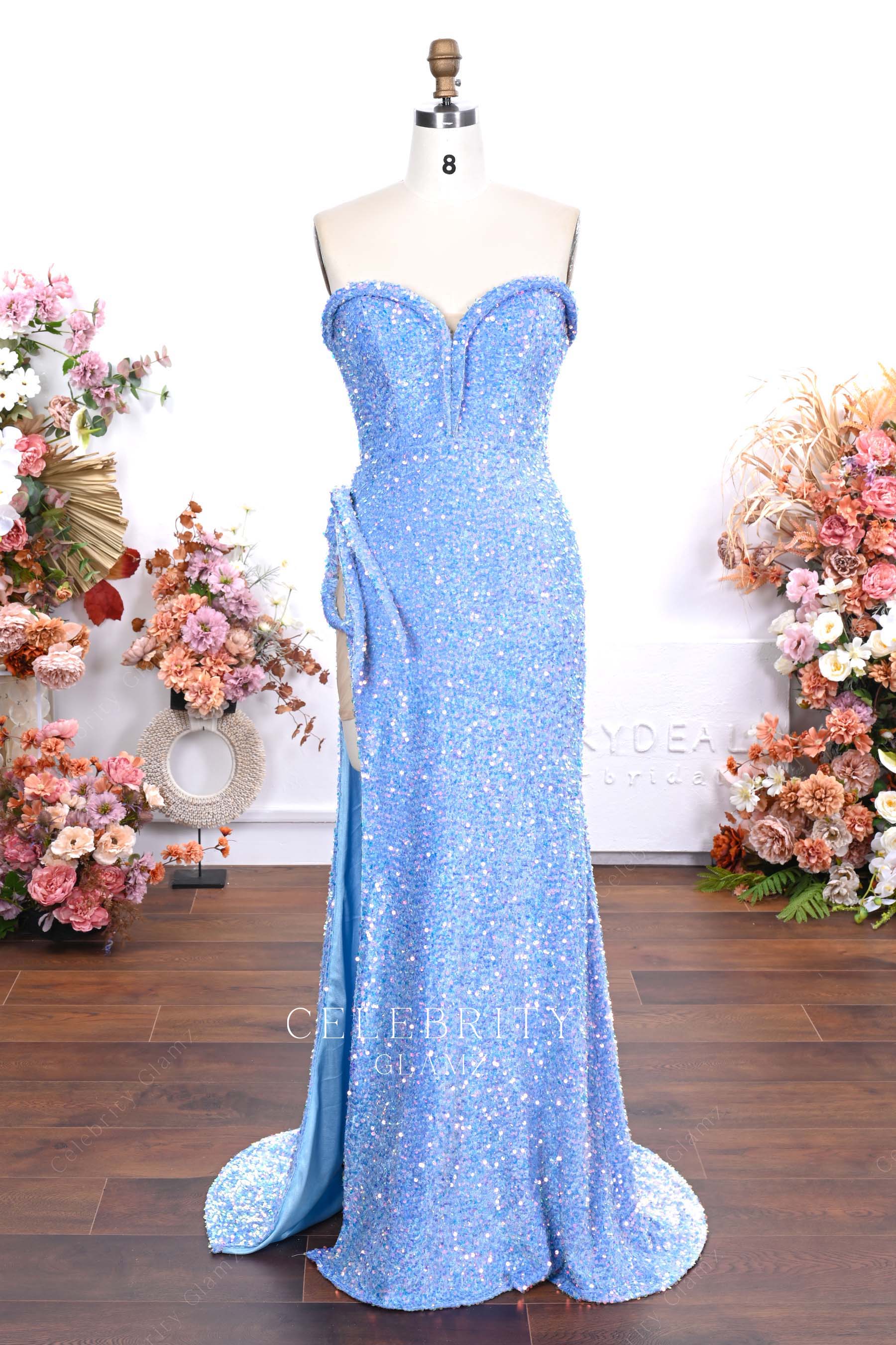 sky blue sequin strapless prom dress