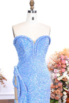 sky blue sequin sweetheart neck prom dress