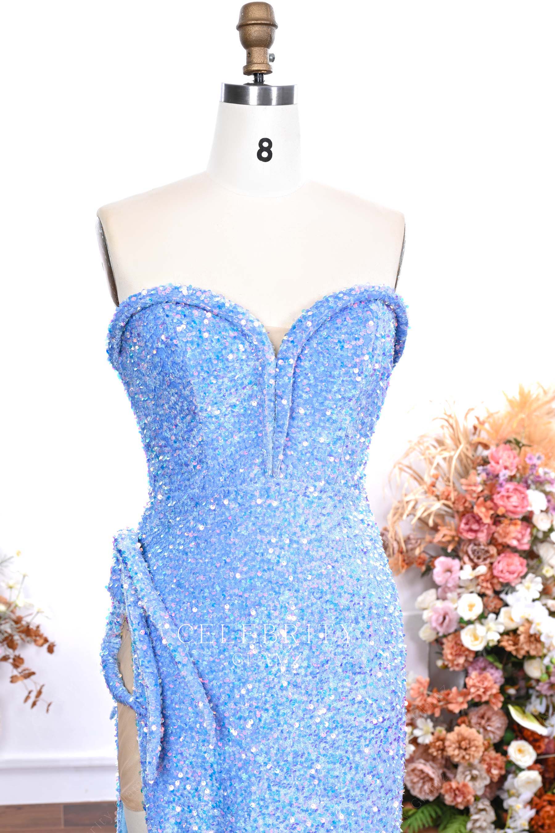 sky blue sequin sweetheart neck prom dress