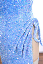 sky blue sequin thigh split prom dress
