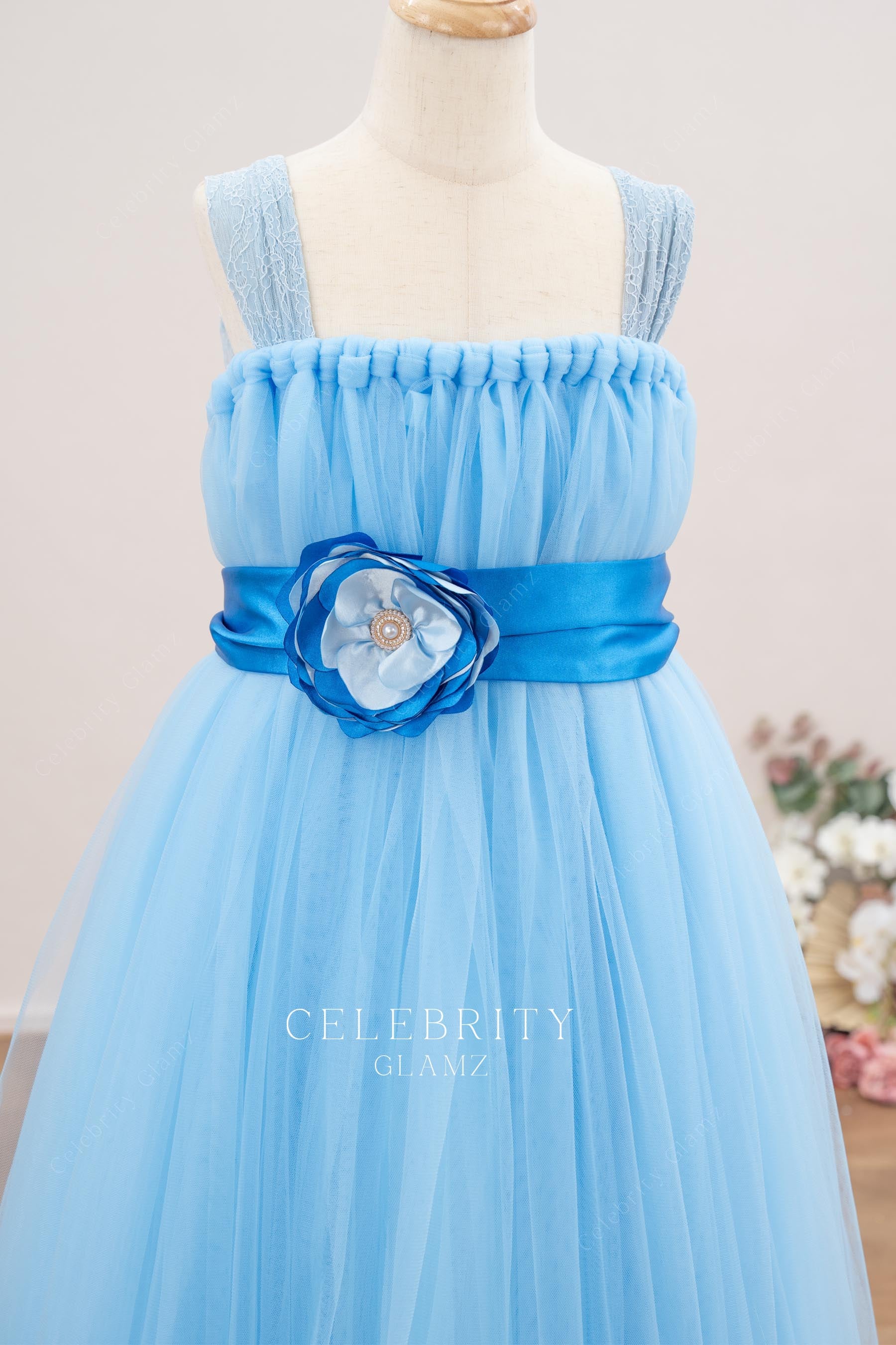 sky blue square neck flower girl dress