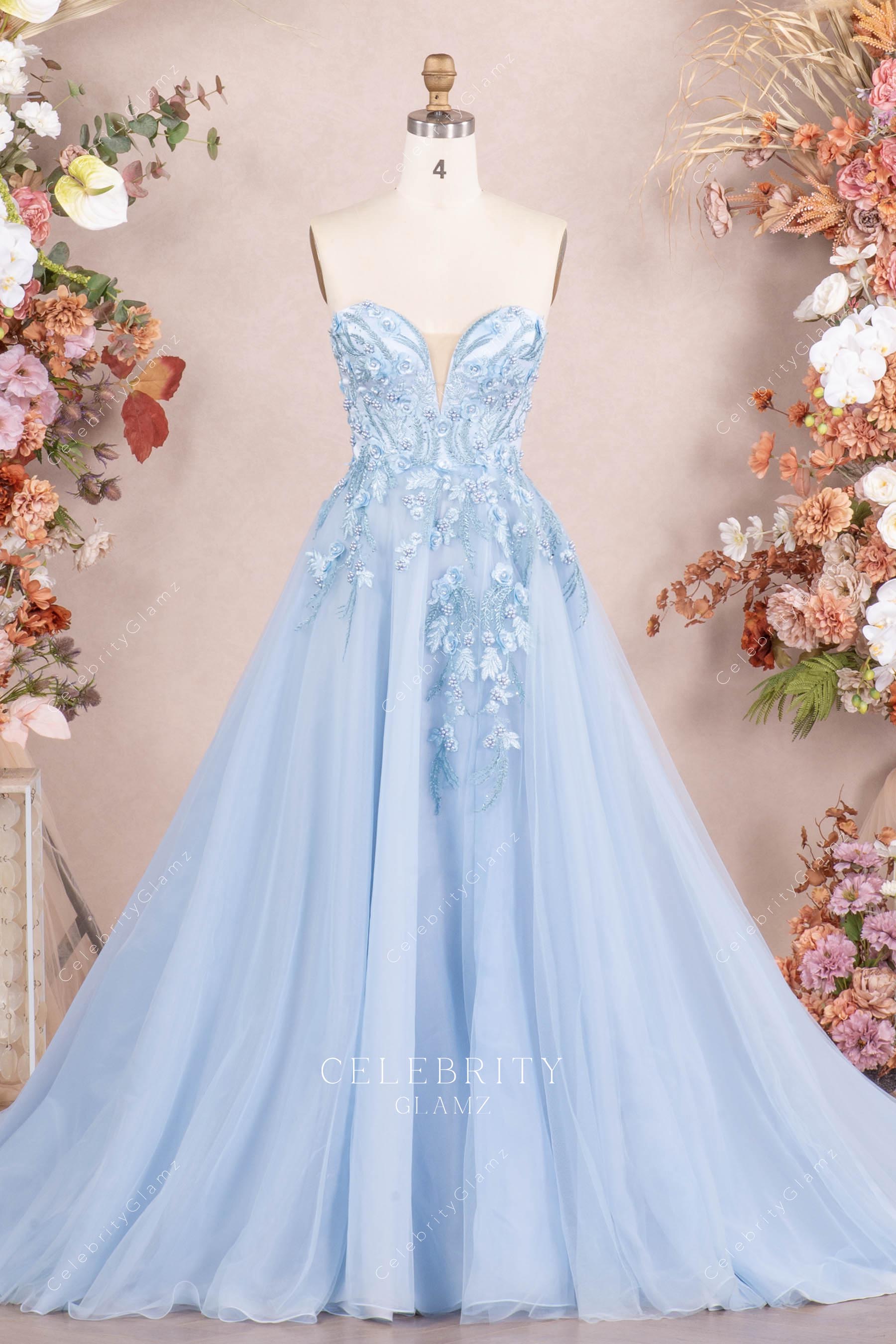 sky blue strapless prom dress