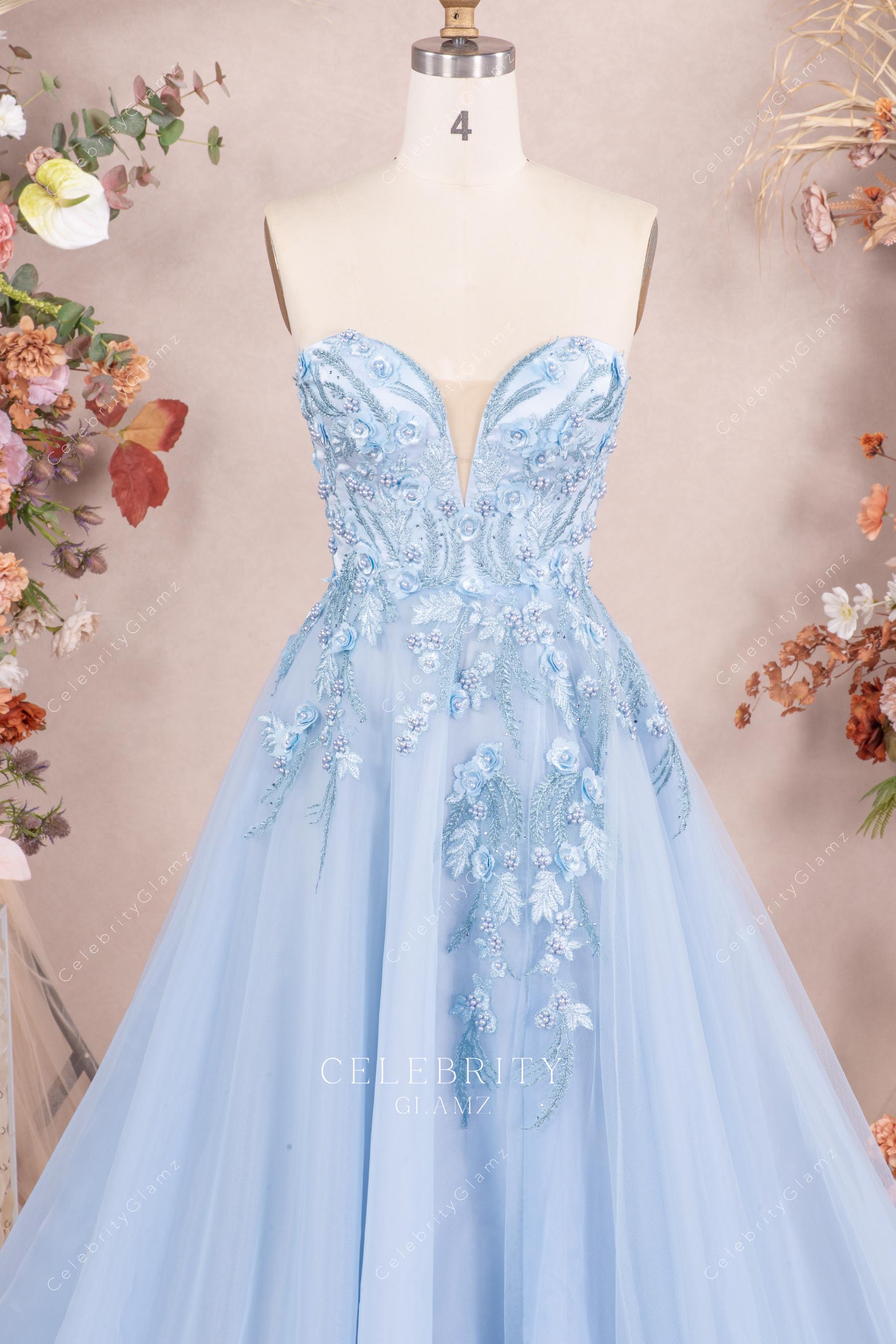 sky blue sweetheart neck prom dress