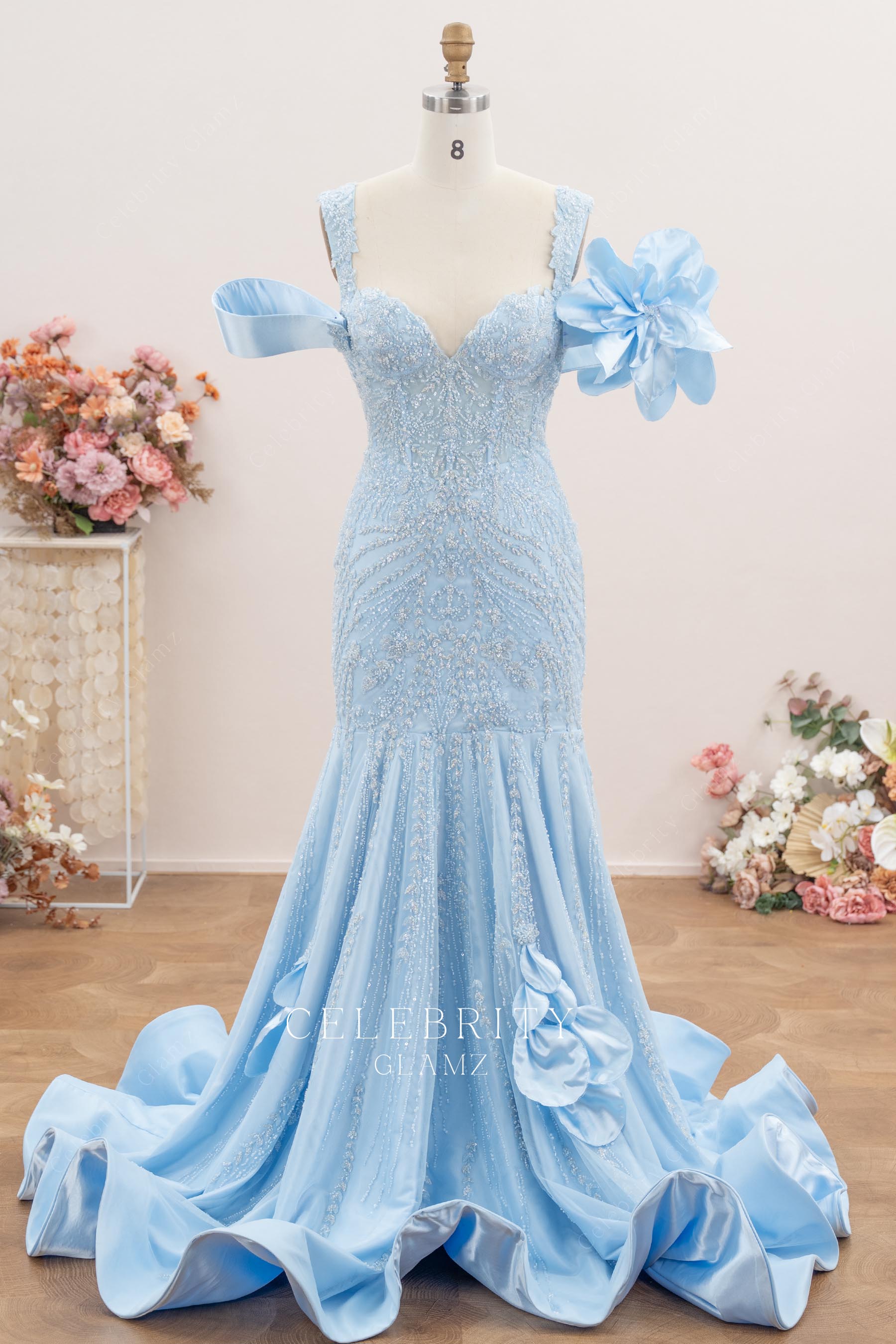 sky blue wide straps mermaid prom dress