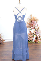 slate blue chiffon strappy back formal dress