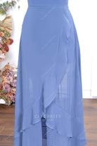slate blue ruffles split formal dress