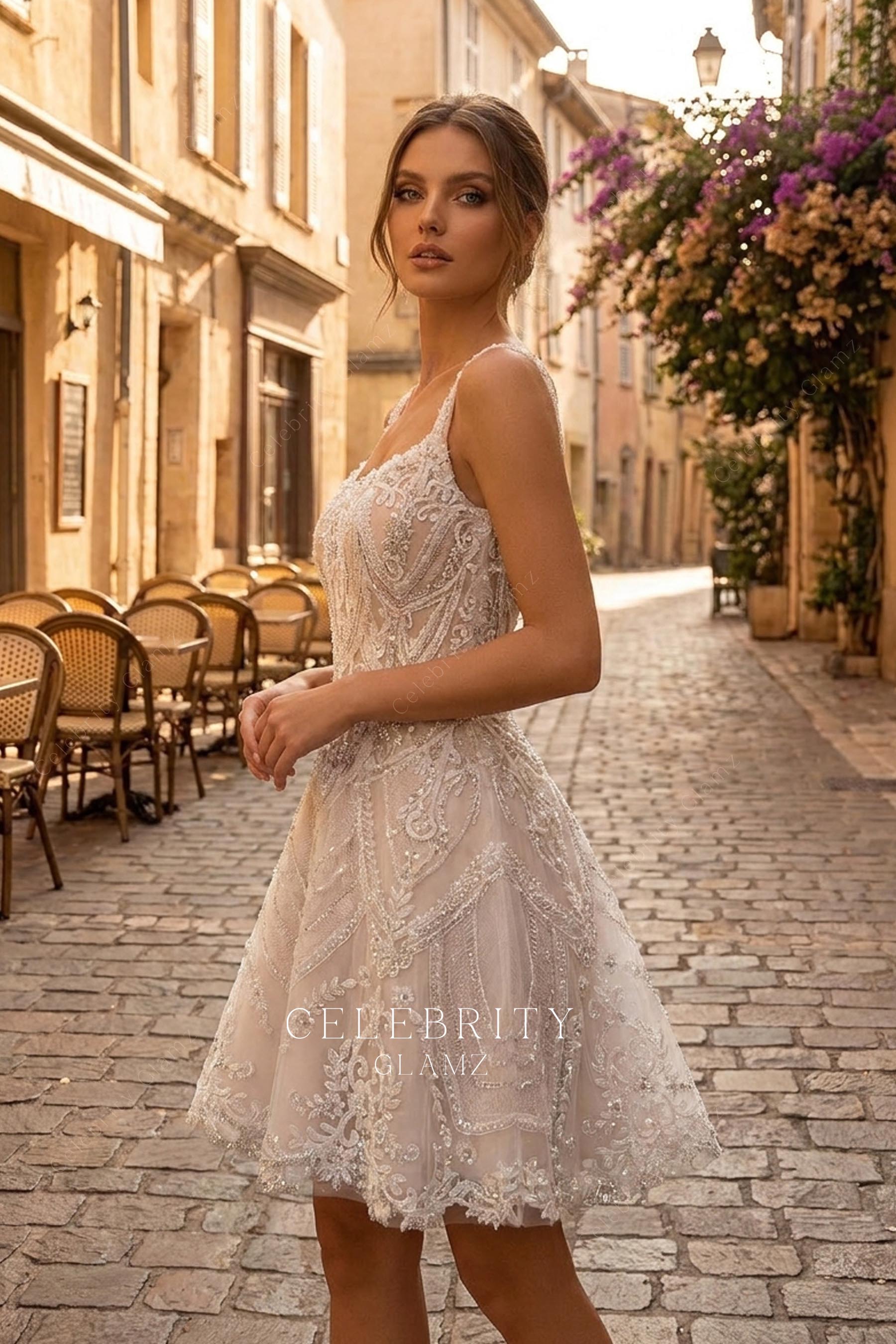 sleeveless thin straps sparkly wedding dress