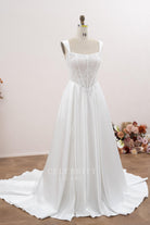 sleeveless white satin long train wedding dress