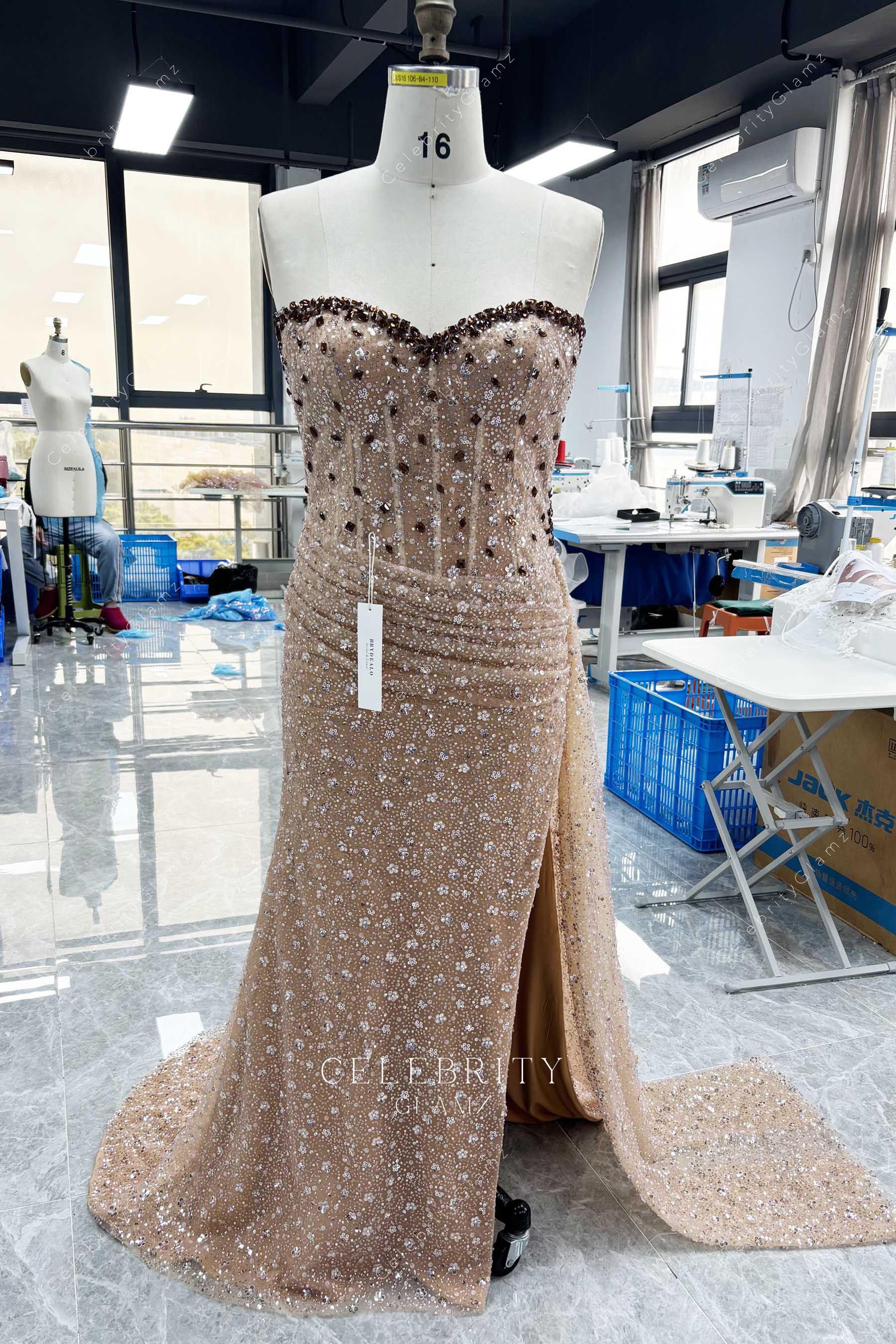 sparkly coffee high slit prom dress