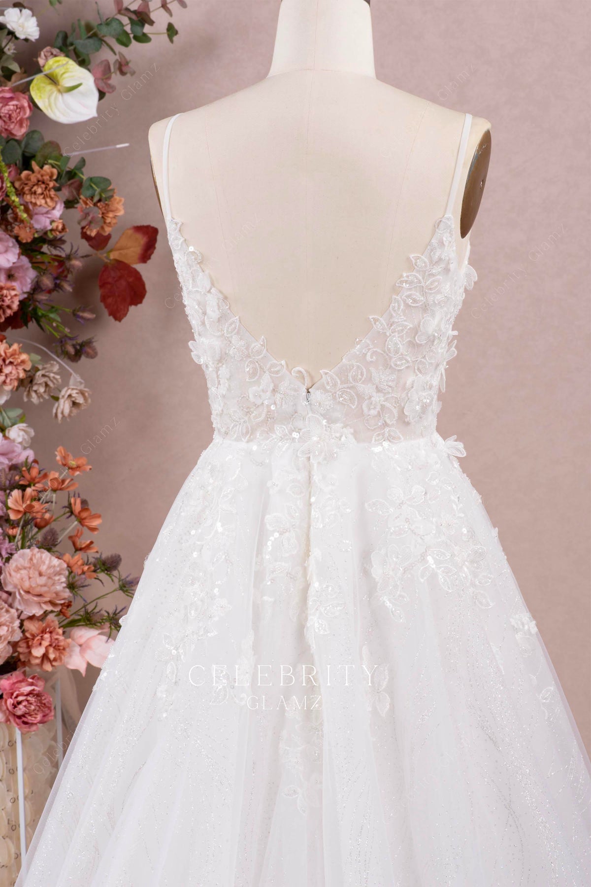 sparkly v back wedding dress
