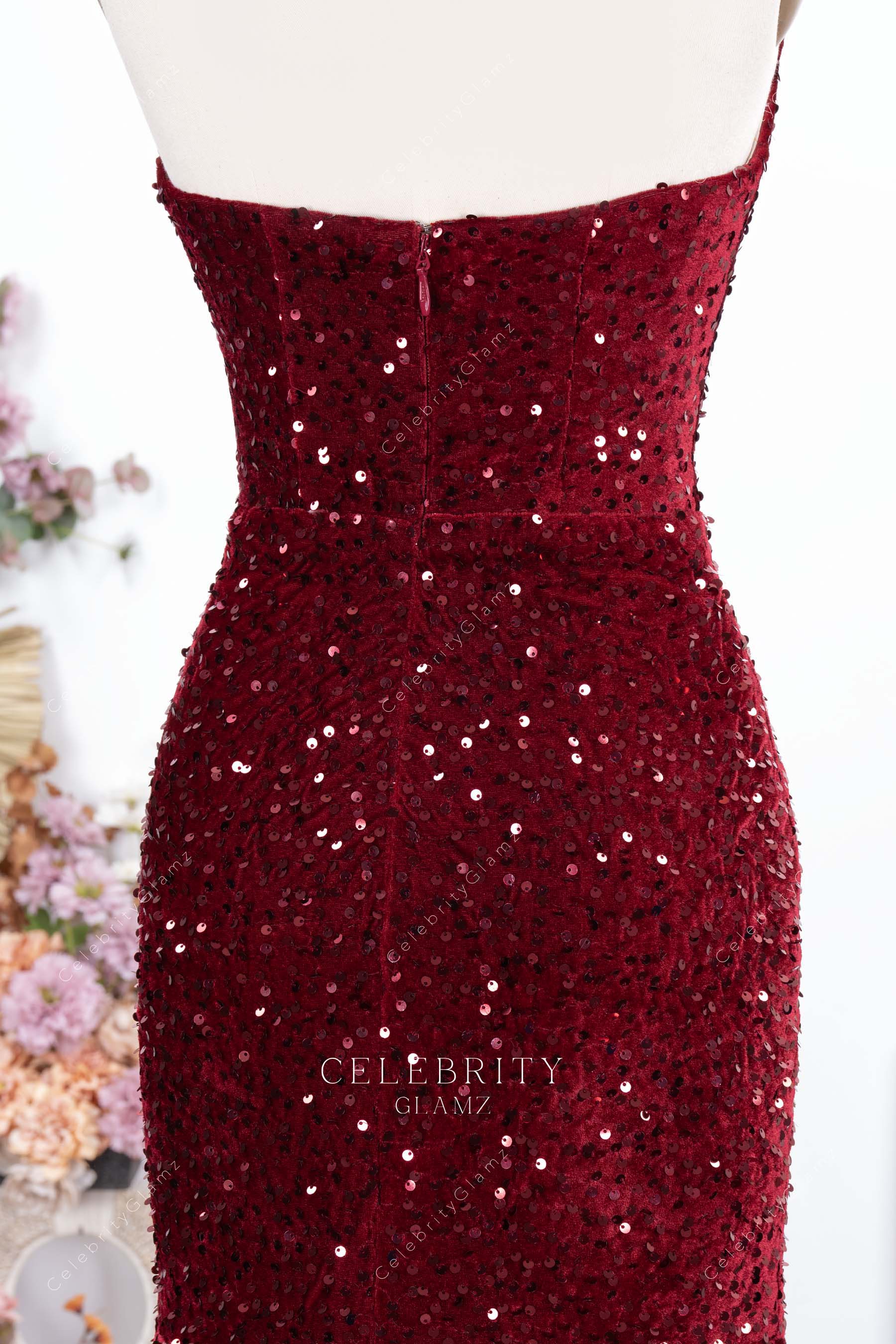 sparkly burgundy backless trumpet prom dress