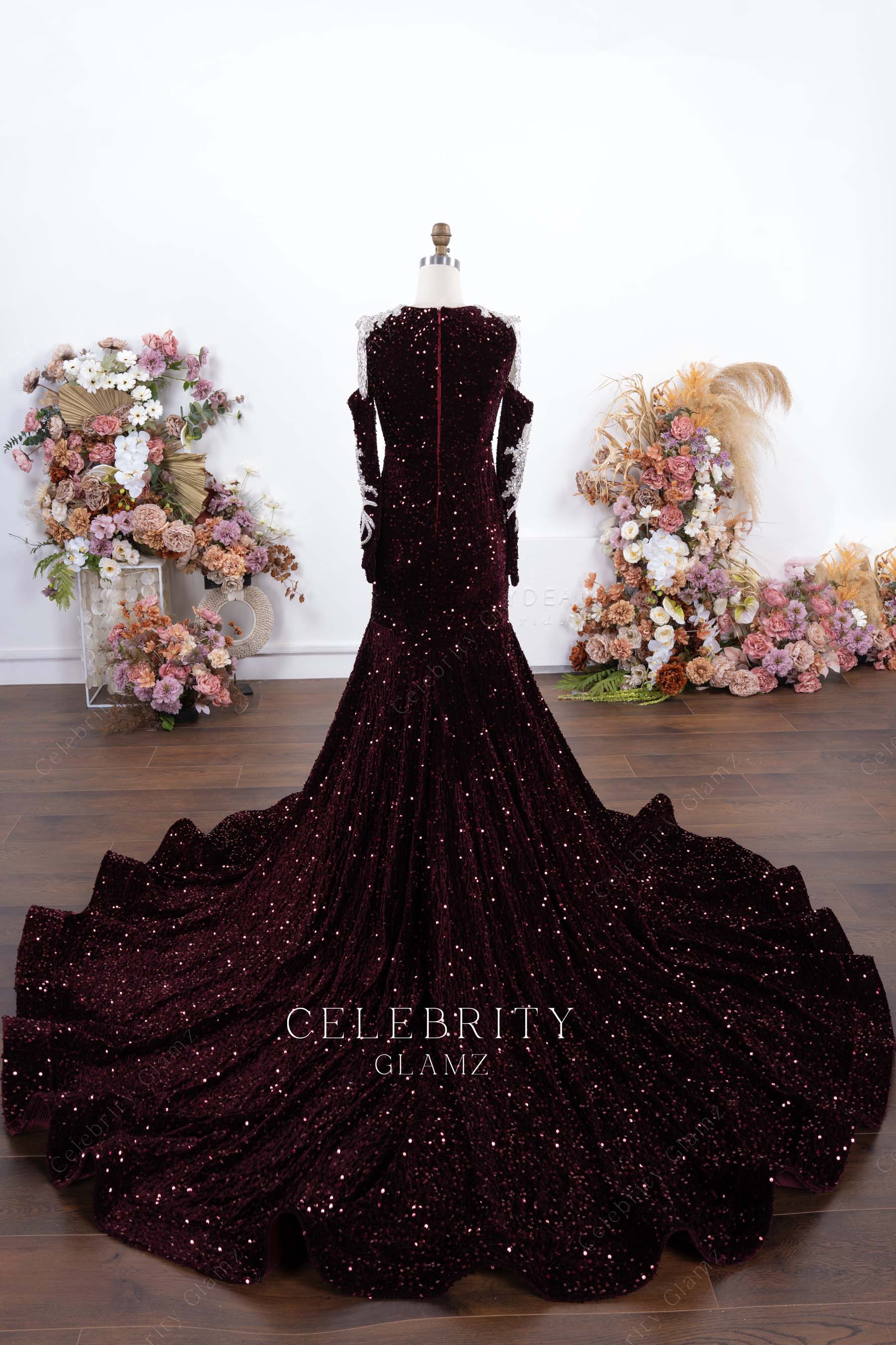 sparkly burgundy long train formal dress