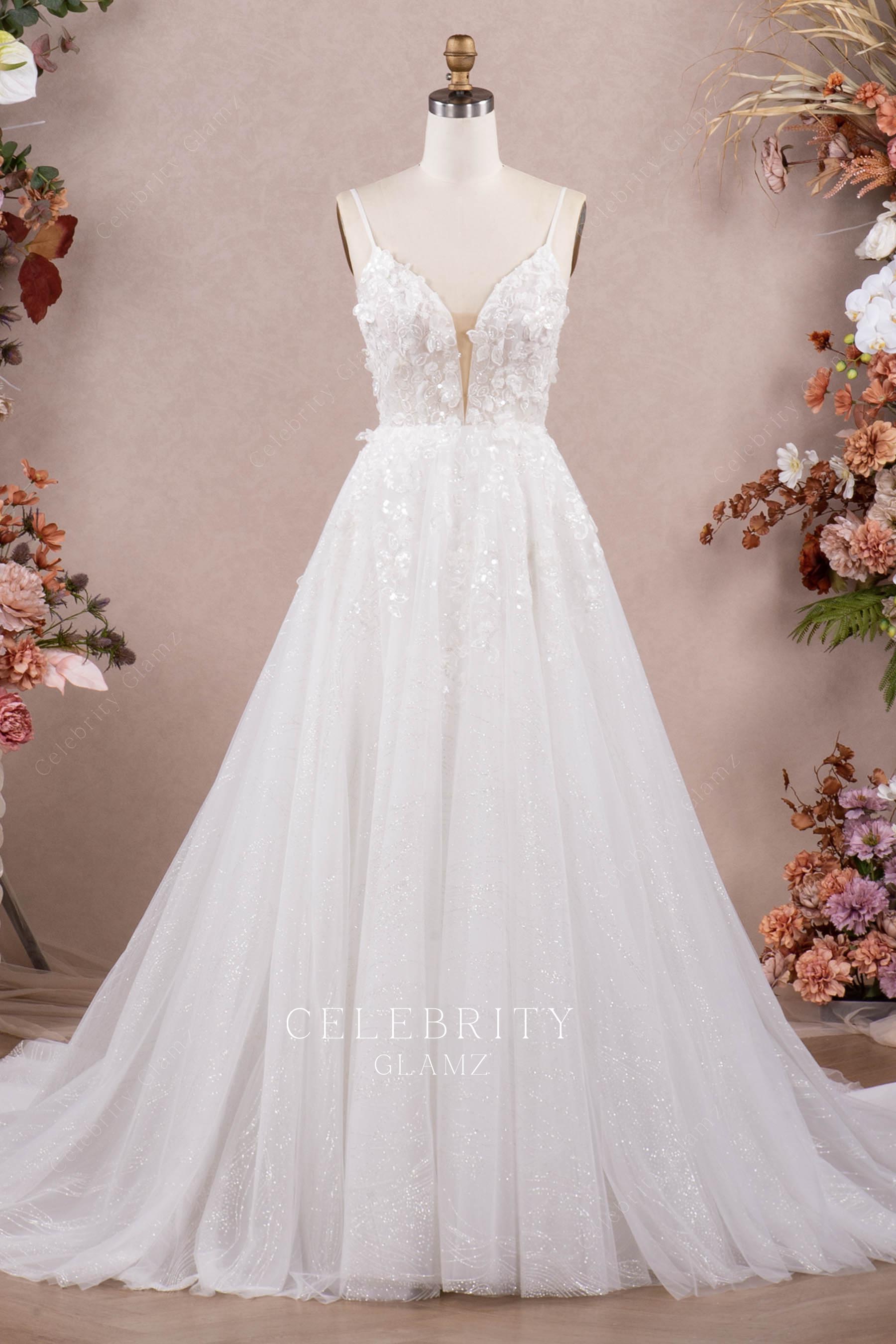 sparkly flower lace Aline bridal dress