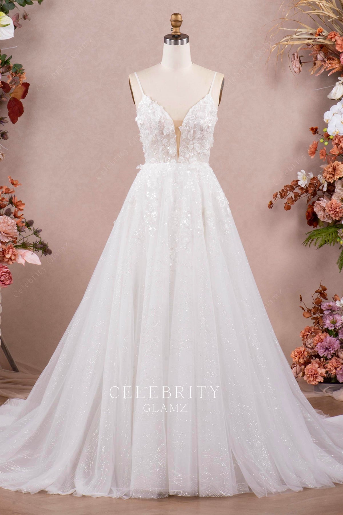 sparkly flower lace Aline bridal dress