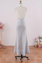 sparkly grey sequin backless prom dress