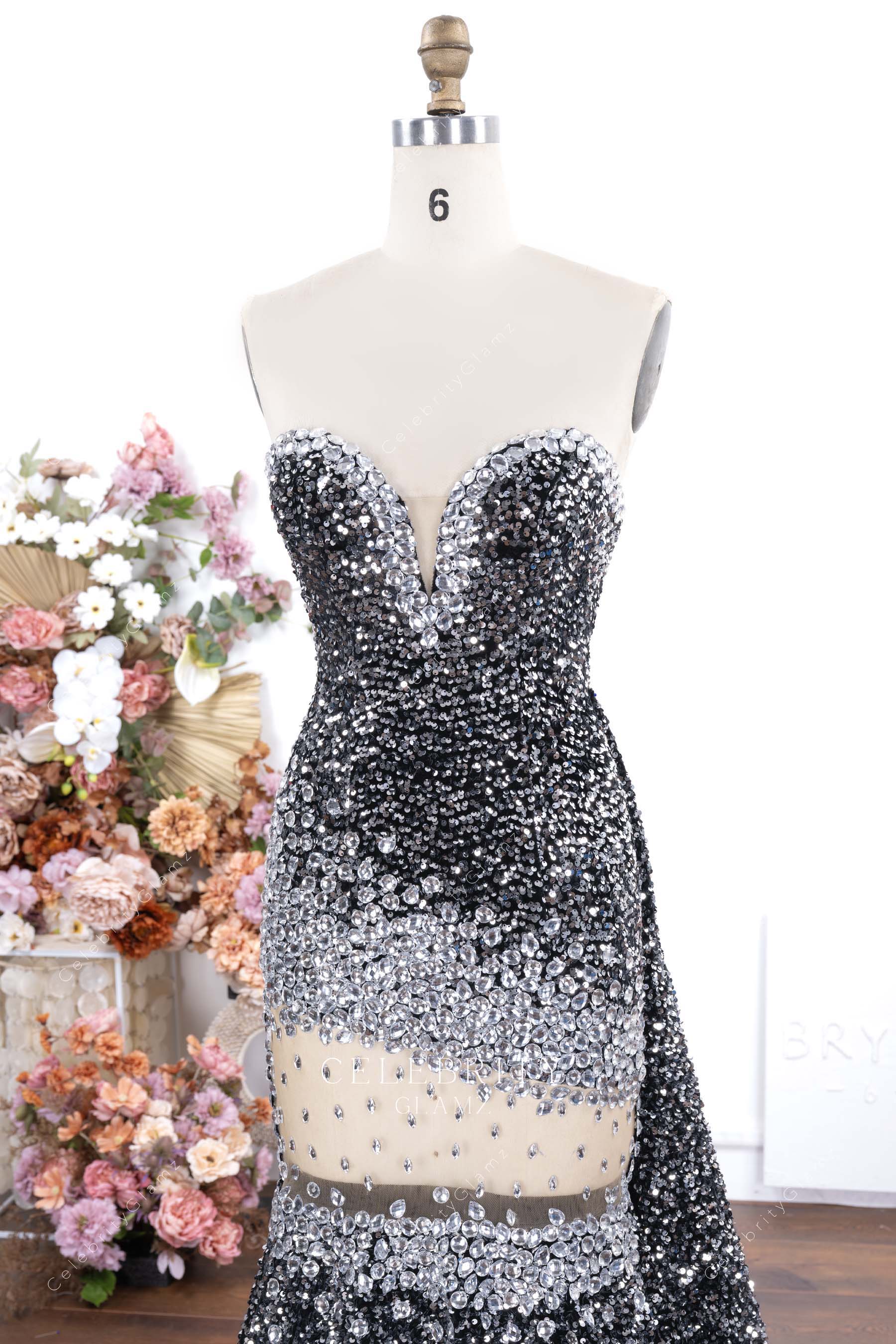 sparkly grey strapless sweetheart neck prom dress