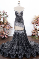 sparkly grey strapless trumpet prom dress