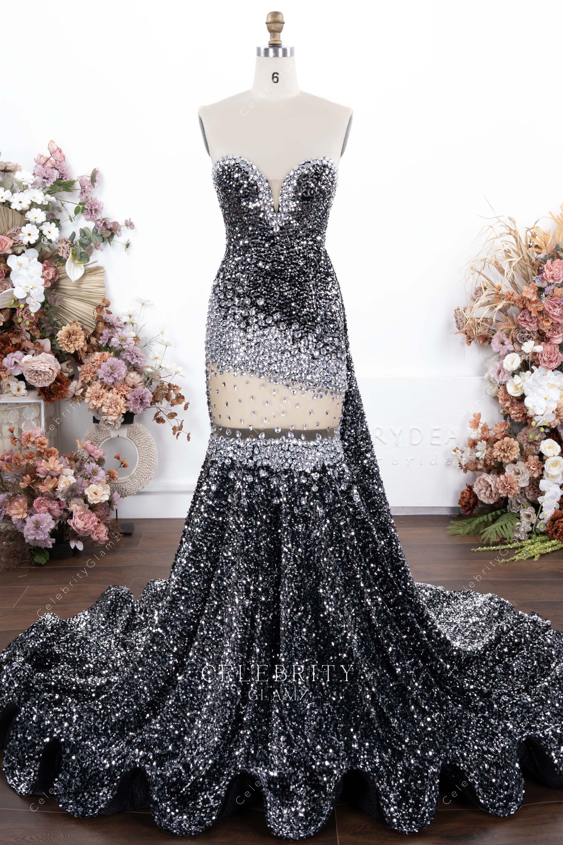 sparkly grey strapless trumpet prom dress