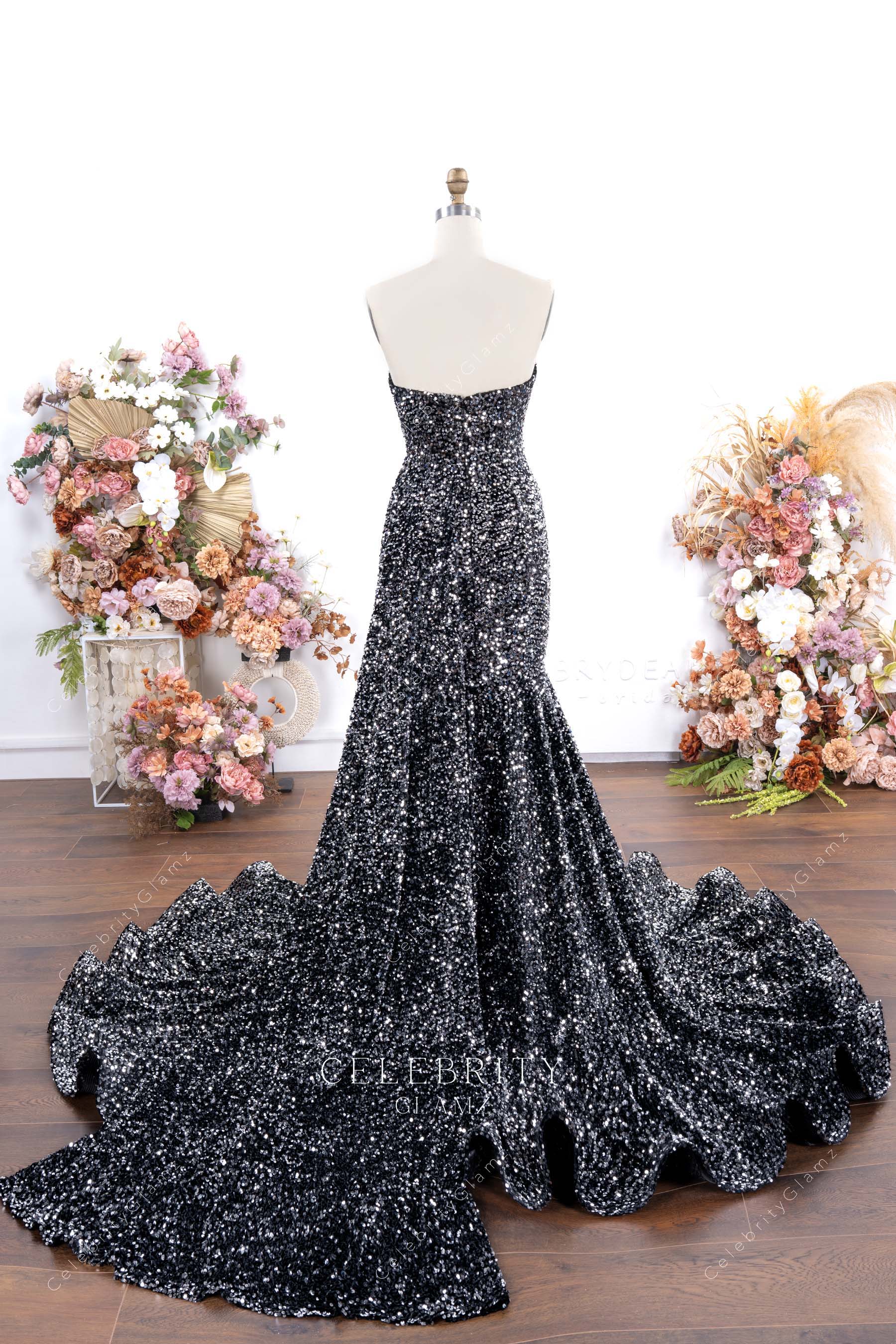 sparkly grey trumpet court train prom dress